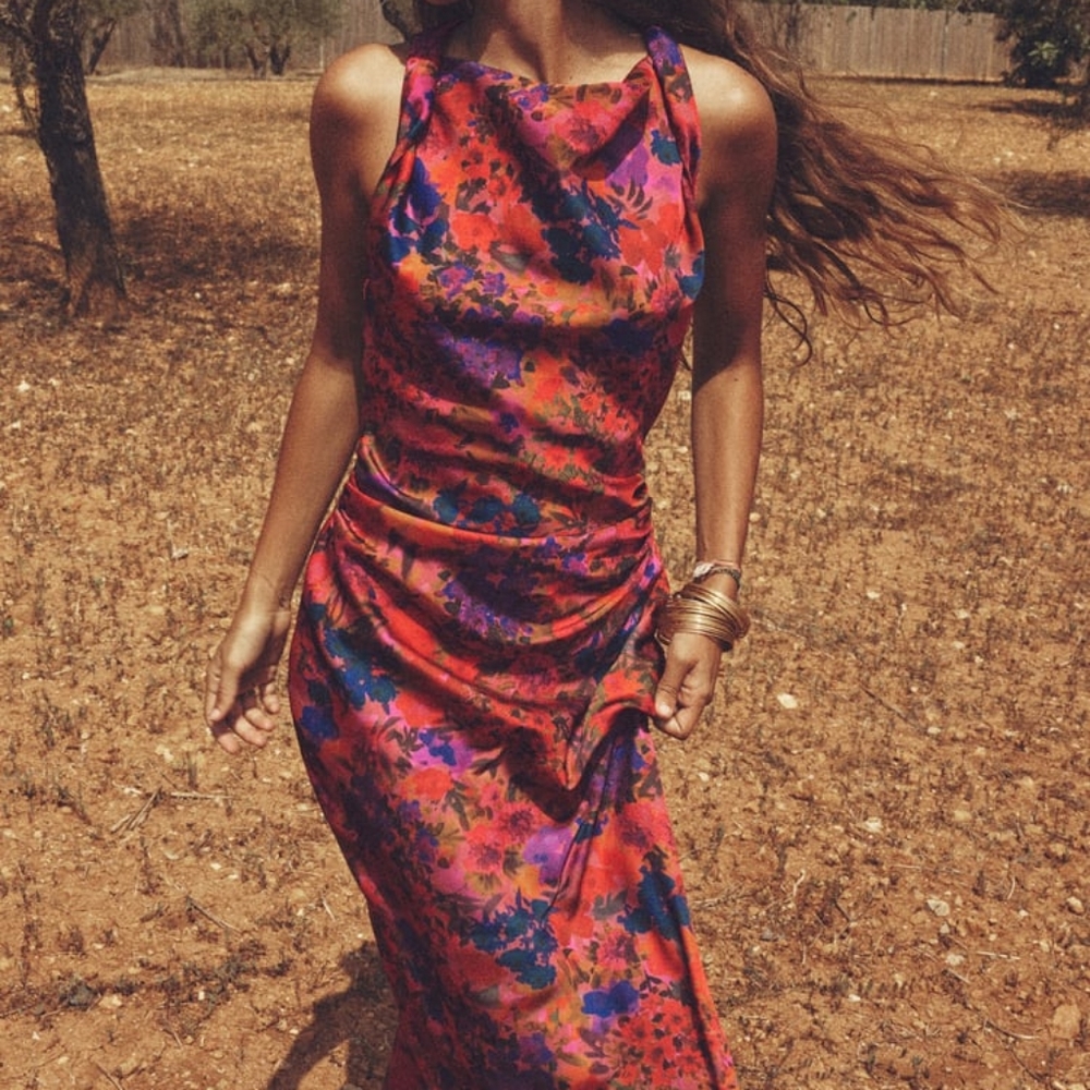 Zara Floral Print Satin Effect Midi Dress Multicolored Sz L  BNWT
